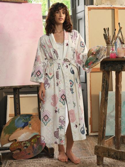 Chelsea Peers Bohemian Leopard Print Cotton Kimono Dressing Gown, Off White, Off White