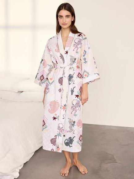 Chelsea Peers Bohemian Leopard Print Cotton Kimono Dressing Gown, Off White - view 2, Off White