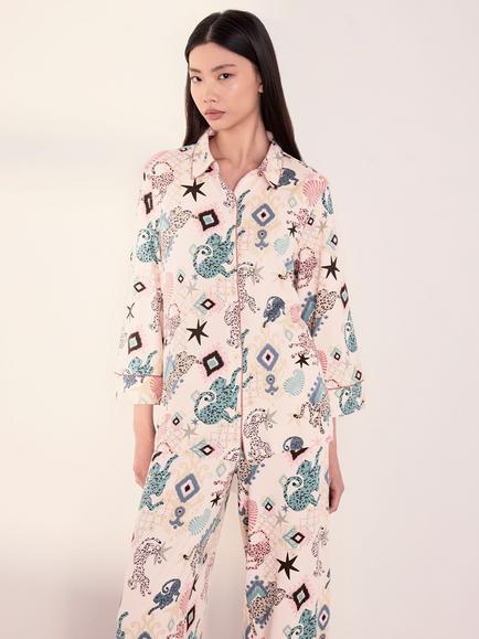 Chelsea Peers Bohemian Leopard Print Long Pyjama Set, Off White - view 2, Off White
