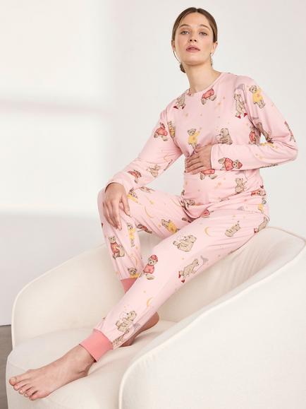 Chelsea Peers Celestial Bear Print Long Maternity Pyjama Set, Pink, Pink