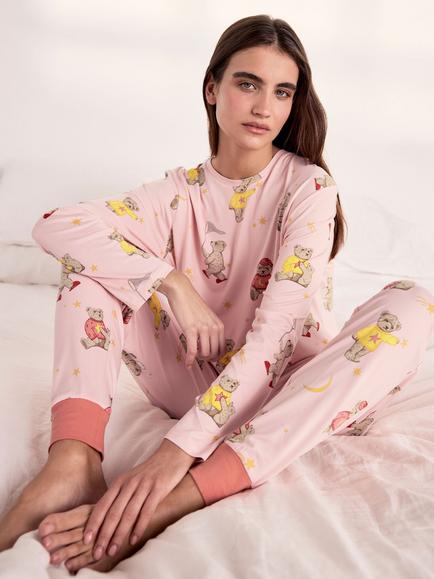 Chelsea Peers Celestial Bear Print Long Pyjama Set, Pink - view 2, Pink