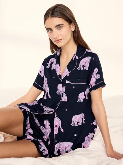 Chelsea Peers Elephant Dreamscape Print Short Pyjama Set, Navy, Navy