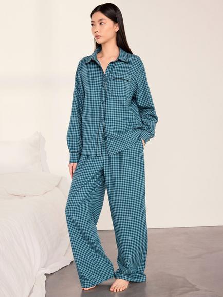 Chelsea Peers Gingham Check Long Cotton Pyjama Set, Teal, Teal