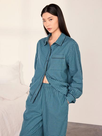 Chelsea Peers Gingham Check Long Cotton Pyjama Set, Teal - view 2, Teal