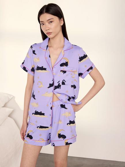 Chelsea Peers Halloween Cat Button Through Short Pyjama Set, Lilac, Lilac