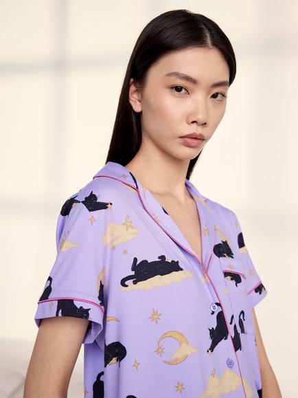 Chelsea Peers Halloween Cat Button Through Short Pyjama Set, Lilac - view 2, Lilac