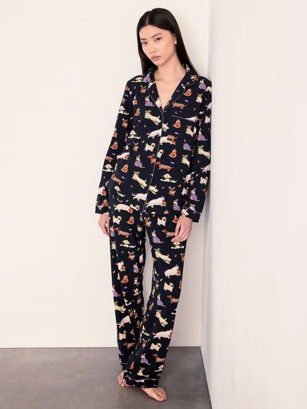 Chelsea Peers Halloween Dogs Button Through Long Cotton Blend Pyjama Set, Navy, Navy