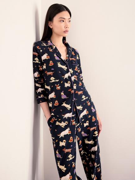 Chelsea Peers Halloween Dogs Button Through Long Cotton Blend Pyjama Set, Navy - view 2, Navy
