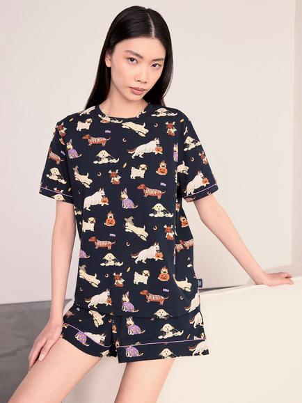 Chelsea Peers Halloween Dogs Short Cotton Blend Pyjama Set, Navy, Navy