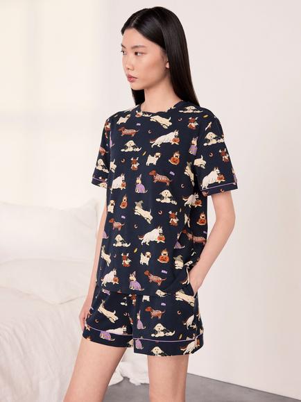 Chelsea Peers Halloween Dogs Short Cotton Blend Pyjama Set, Navy - view 2, Navy