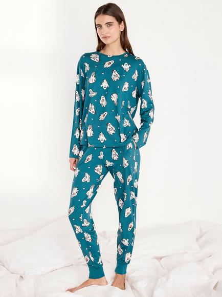 Chelsea Peers Halloween Ghost Long Pyjama Set, Teal, Teal