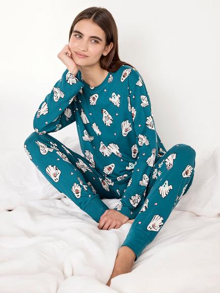 Chelsea Peers Halloween Ghost Long Pyjama Set, Teal - view 2, Teal