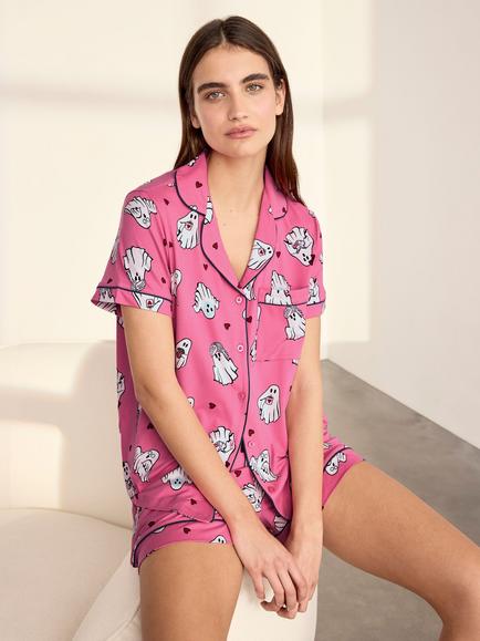 Chelsea Peers Halloween Ghost Button Through Short Pyjama Set, Bright Pink, Bright Pink