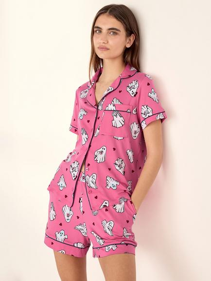 Chelsea Peers Halloween Ghost Button Through Short Pyjama Set, Bright Pink - view 2, Bright Pink