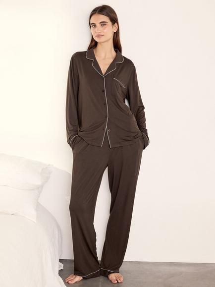 Chelsea Peers Button Through Long Pyjama Set containing TENCEL™ Modal, Brown, Brown