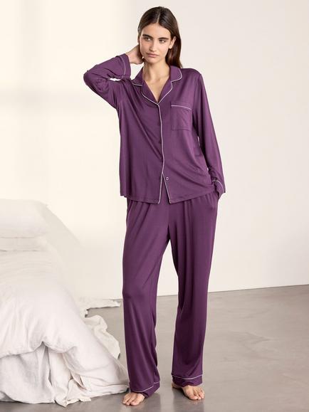 Chelsea Peers Button Through Long Pyjama Set containing TENCEL™ Modal, Purple, Purple