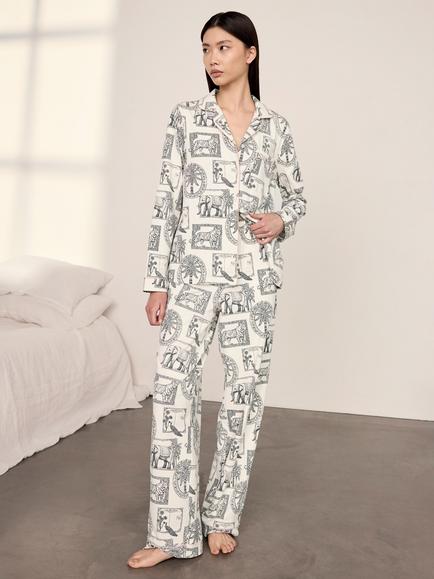 Chelsea Peers Safari Stamp Print Long Pyjama Set, White, White