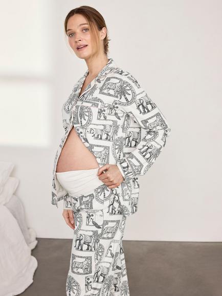 Chelsea Peers Safari Stamp Print Long Cotton Blend Maternity Pyjama Set, White, White