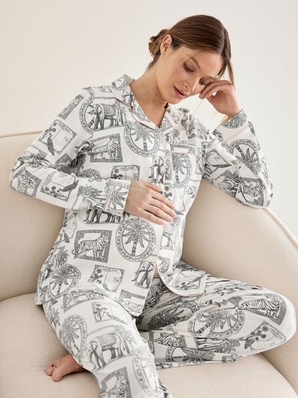 Chelsea Peers Safari Stamp Print Long Cotton Blend Maternity Pyjama Set, White - view 2, White