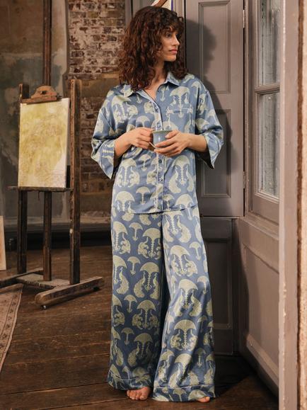 Chelsea Peers Satin Tigers & Peacocks Print Long Pyjama Set, Blue, Blue
