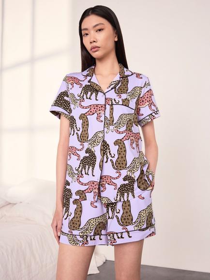 Chelsea Peers Starry Leopard Print Short Pyjama Set, Lilac, Lilac