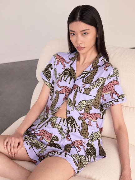 Chelsea Peers Starry Leopard Print Short Pyjama Set, Lilac - view 2, Lilac