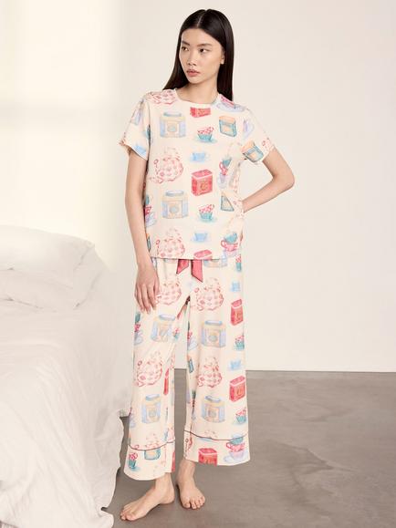 Chelsea Peers Tea Party Print Long Cotton Blend Pyjama Set, Off White, Off White