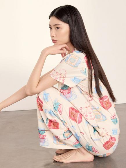 Chelsea Peers Tea Party Print Long Cotton Blend Pyjama Set, Off White - view 2, Off White