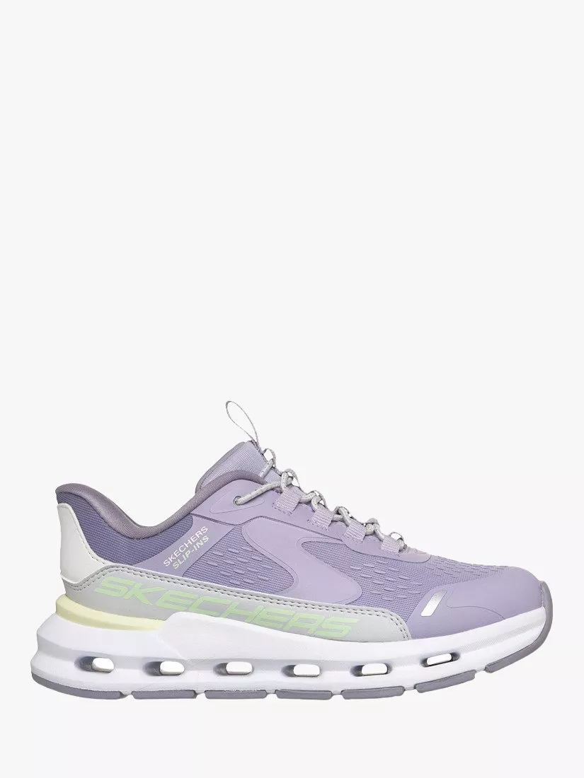 Lavender Skechers Slip-ins trainer with lace-up design, cushioned sole and air pods, side view on white background