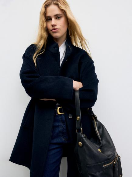Gerard Darel Aira Mandarin Collar Wool Coat, Navy - view 2, Navy
