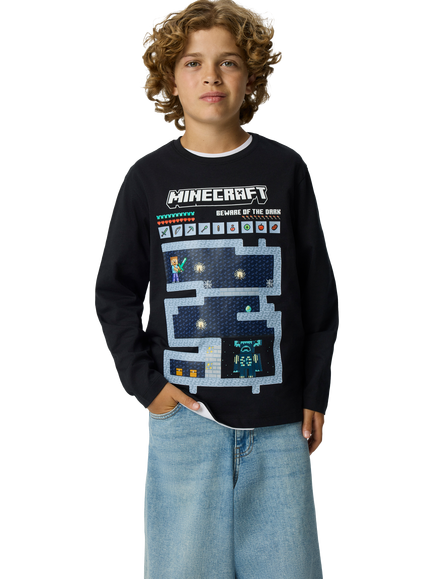 NAME IT Kids' Minecraft Pure Cotton Crew Neck Long Sleeve T-Shirt, Black, Black