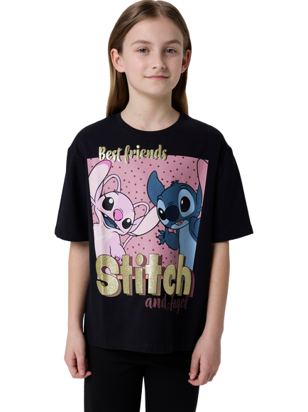 NAME IT Kids' Disney Stitch Cotton Rich Crew Neck T-Shirt, Black, Black