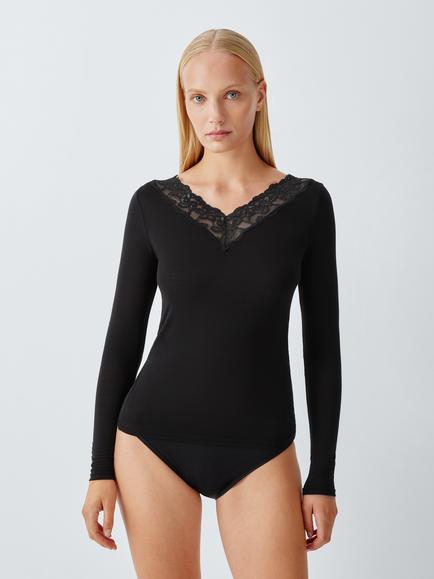 John Lewis Modal Lace with Cashmere Long Sleeve Top, Black