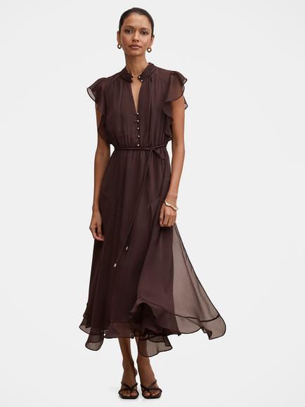 Forever New Maxwell Petite Flutter Sleeves Midi Dress, Chocolate, Chocolate