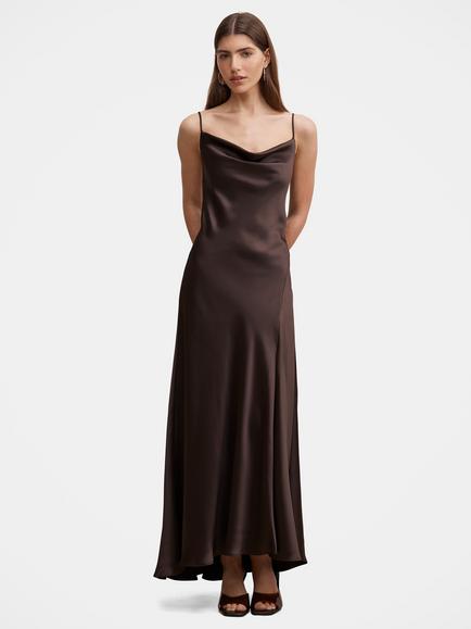 Forever New Tilesha Satin Cowl Slip Maxi Dress, Warm Chocolate