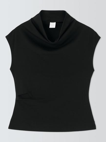 John Lewis Pure Cotton Funnel Neck Sleeveless Top, Black, Black