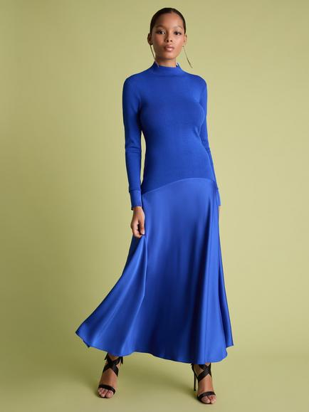 FLORERE Knit Satin Dress, Blue, Blue