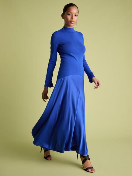 FLORERE Knit Satin Dress, Blue - view 2, Blue