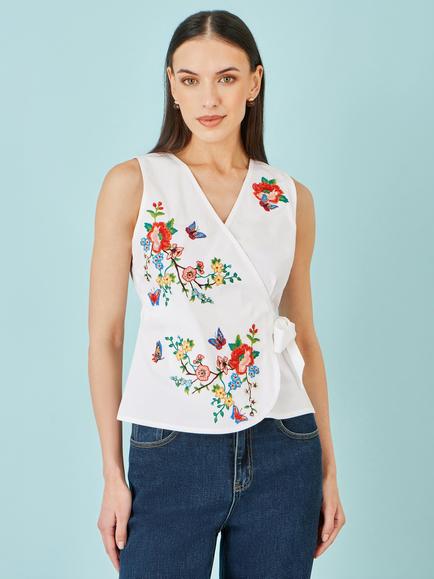 Yumi Stretch Cotton Embroidered Wrap Top, White, White