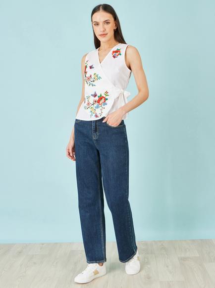 Yumi Stretch Cotton Embroidered Wrap Top, White - view 2, White