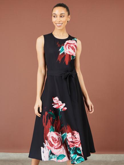 Yumi Abstract Floral Skater Midi Dress, Black, Black