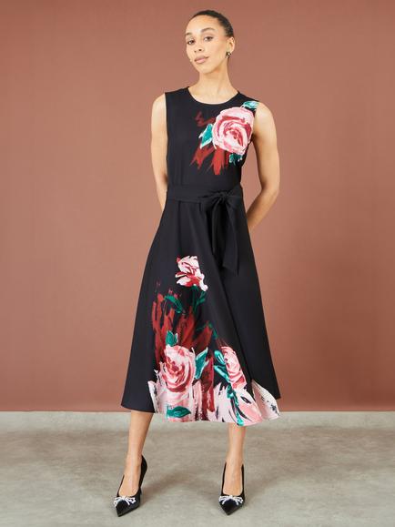 Yumi Abstract Floral Skater Midi Dress, Black - view 2, Black