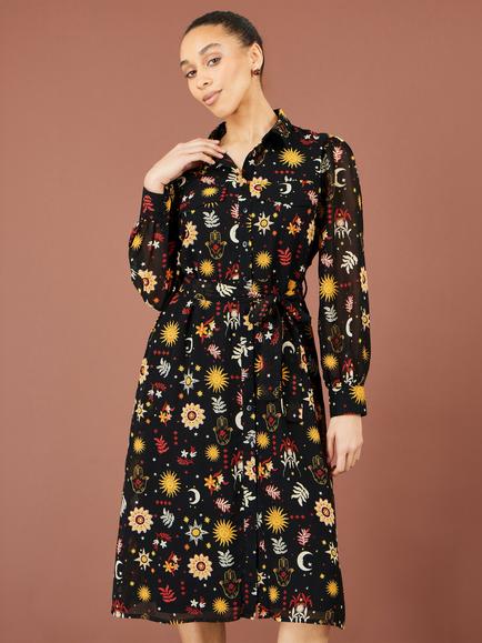 Yumi Cosmic Midi Shirt Dress, Black, Black