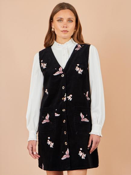 Yumi Crane Embroidery Button Up Pinafore Dress, Black, Black
