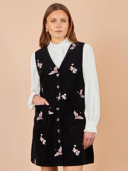 Yumi Crane Embroidery Button Up Pinafore Dress, Black - view 2, Black