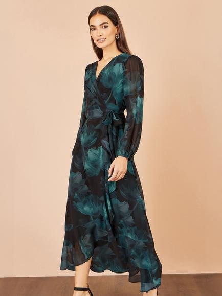 Yumi Floral Dipped Hem Wrap Midi Dress, Black, Black