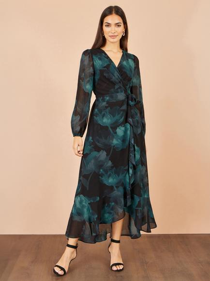 Yumi Floral Dipped Hem Wrap Midi Dress, Black - view 2, Black