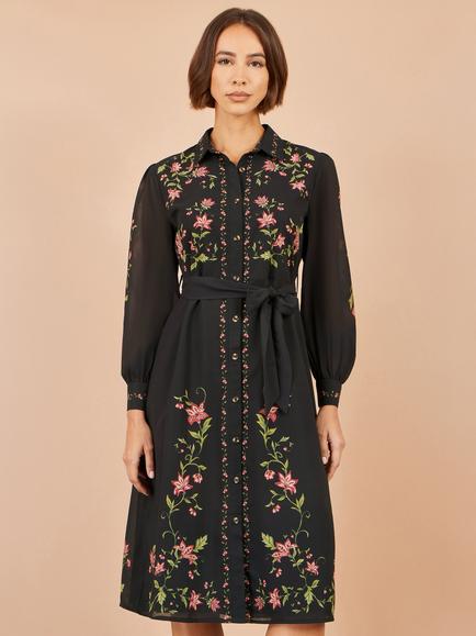 Yumi Floral Placement Midi Shirt Dress, Black, Black