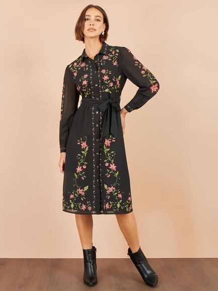 Yumi Floral Placement Midi Shirt Dress, Black - view 2, Black