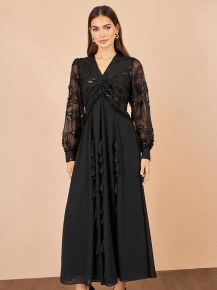 Yumi Sequin and Ruffle Maxi Dress, Black, Black